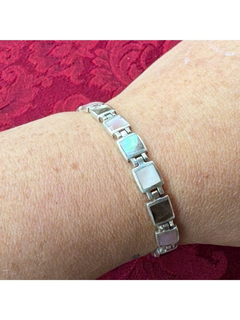 925 Sterling Silver Mother of Pearl Inlay Link Bracelet Multi Color Shell Modern